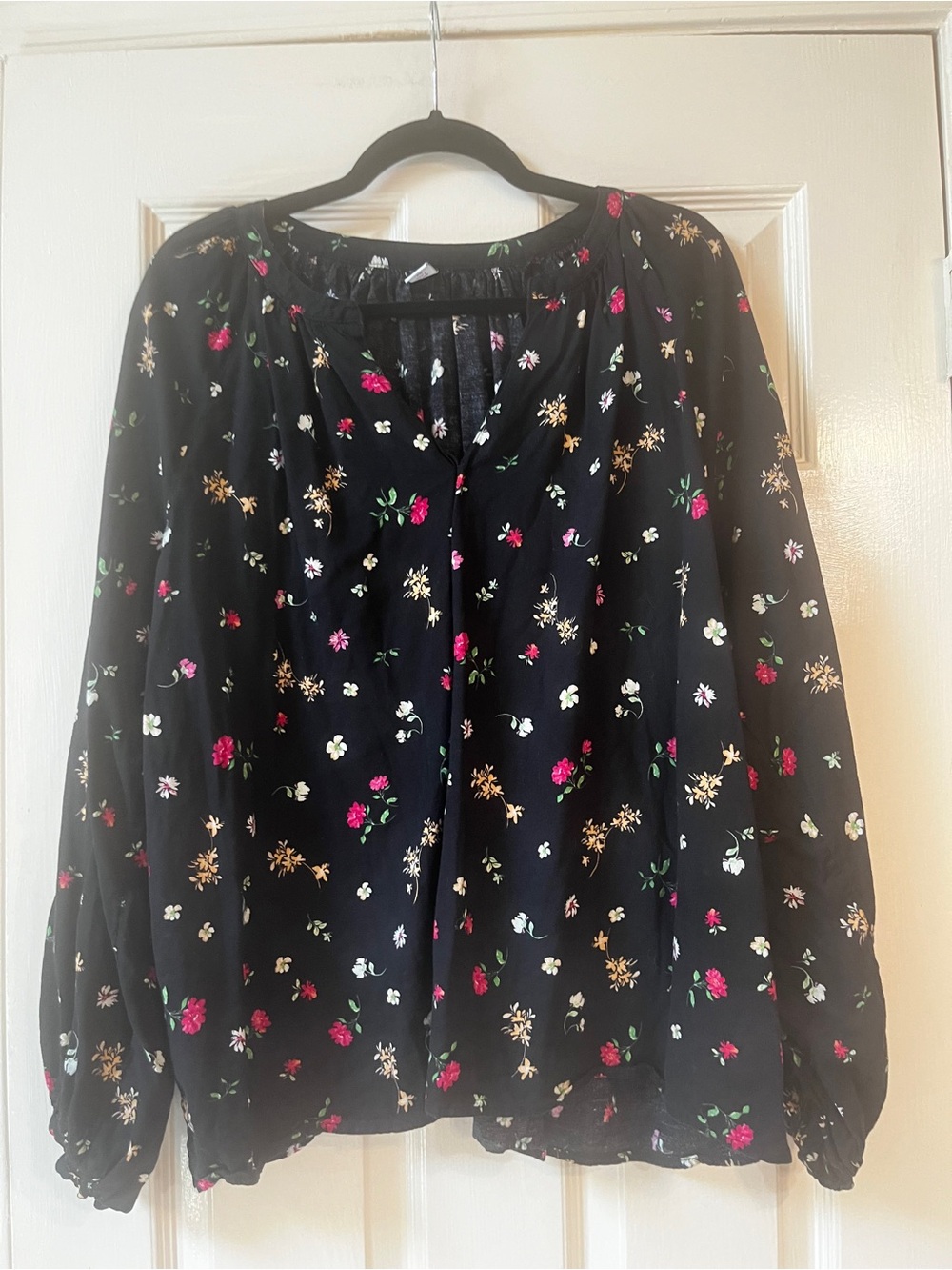 Old Navy Black Floral Peasant Blouse with Pink and Cream Accents